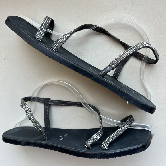 Free People Crystal Cove Black Leather Flat Sandal Rhinestone EU 39 US 8.5 - 9 - Picture 1 of 16